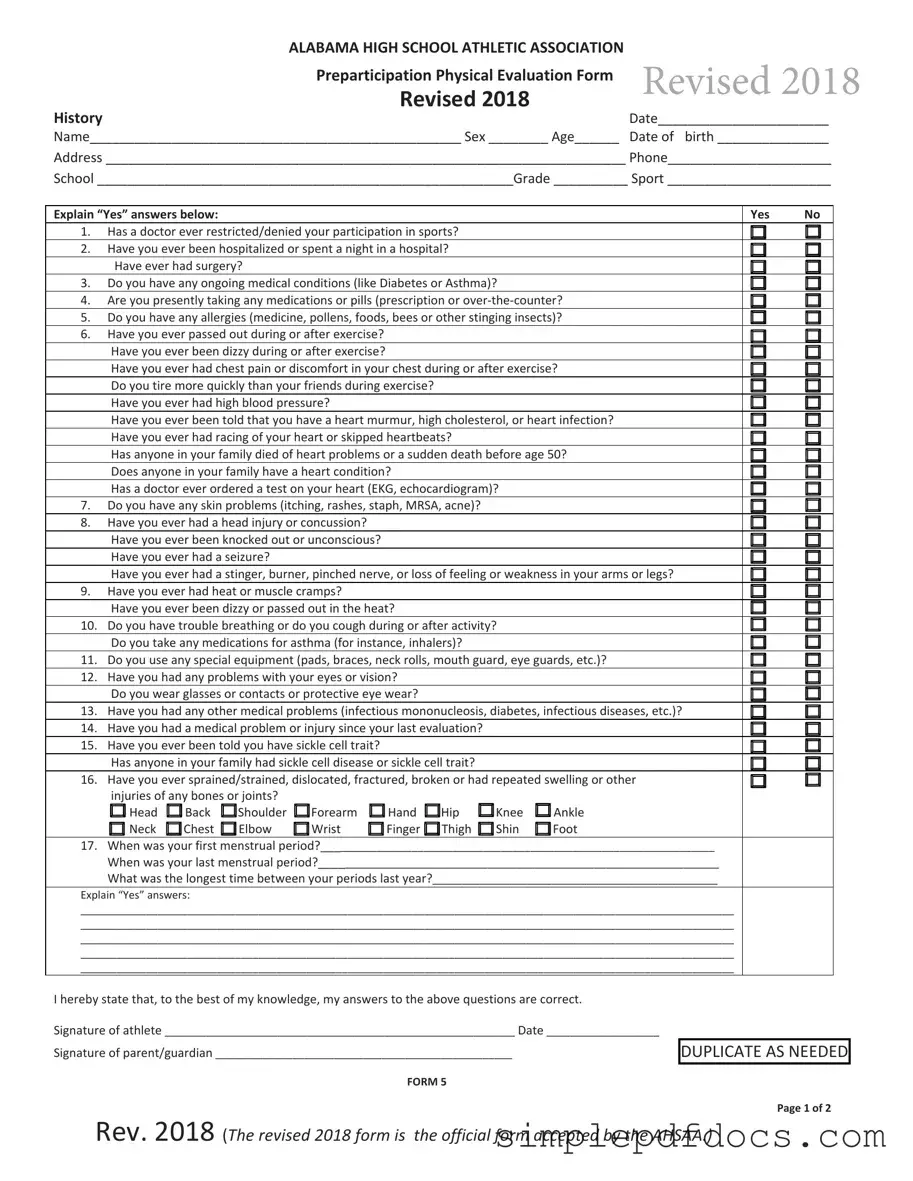 Fill Your Alabama High School Physical Form