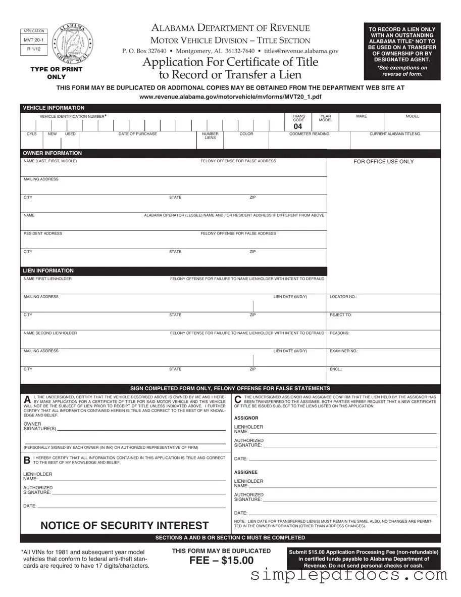 Fill Your Alabama Mvt 20 1 Form