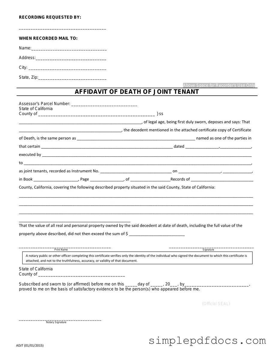 Fill Your California Death of a Joint Tenant Affidavit Form