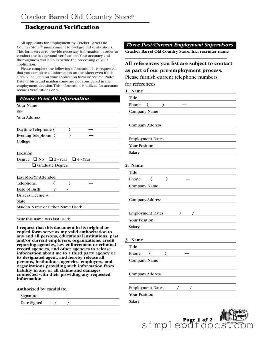 Fill Your Cracker Barrel Background Check Form