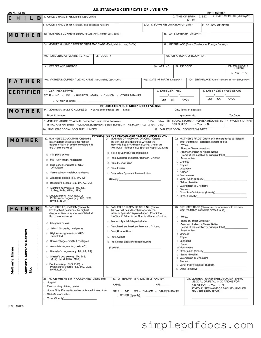 Fill Your CDC U.S. Standard Certificate of Live Birth Form