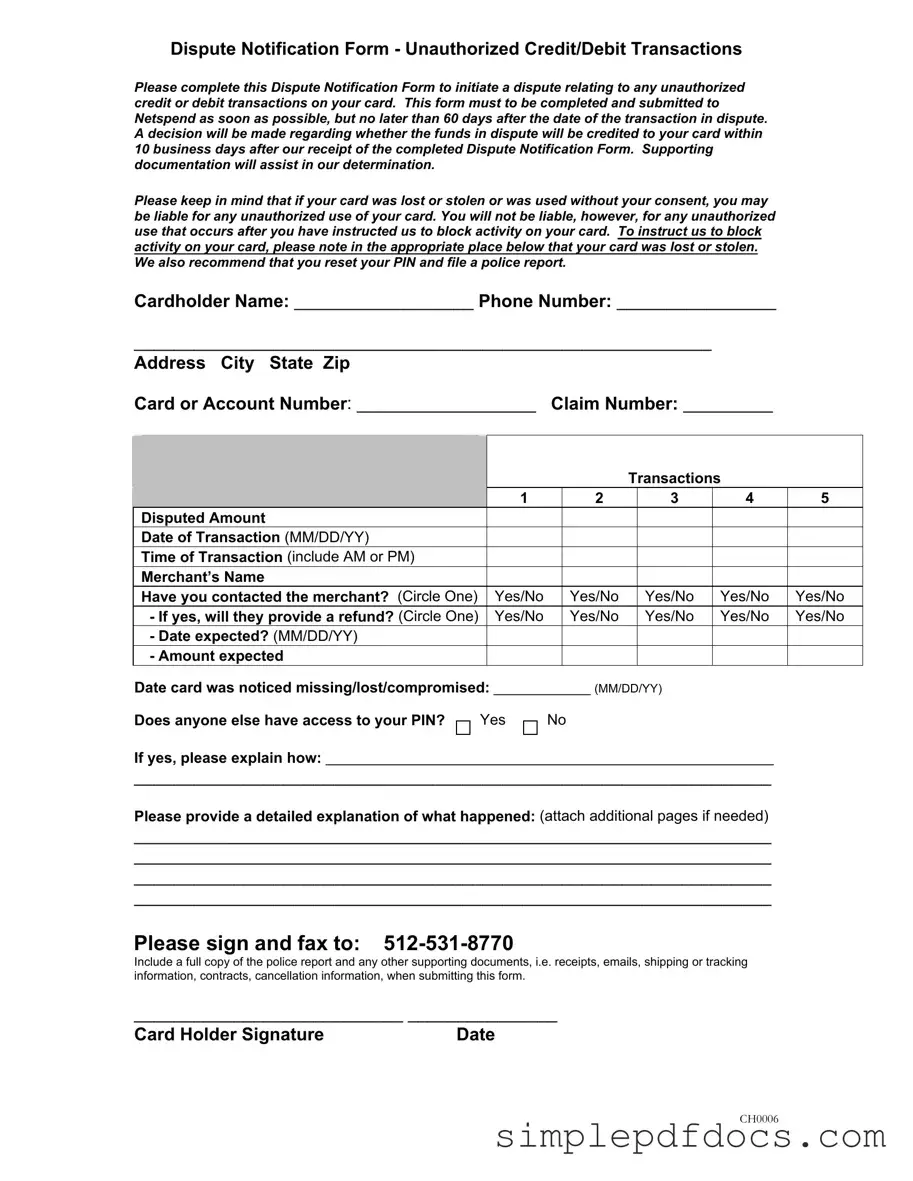 Fill Your Netspend Dispute Form