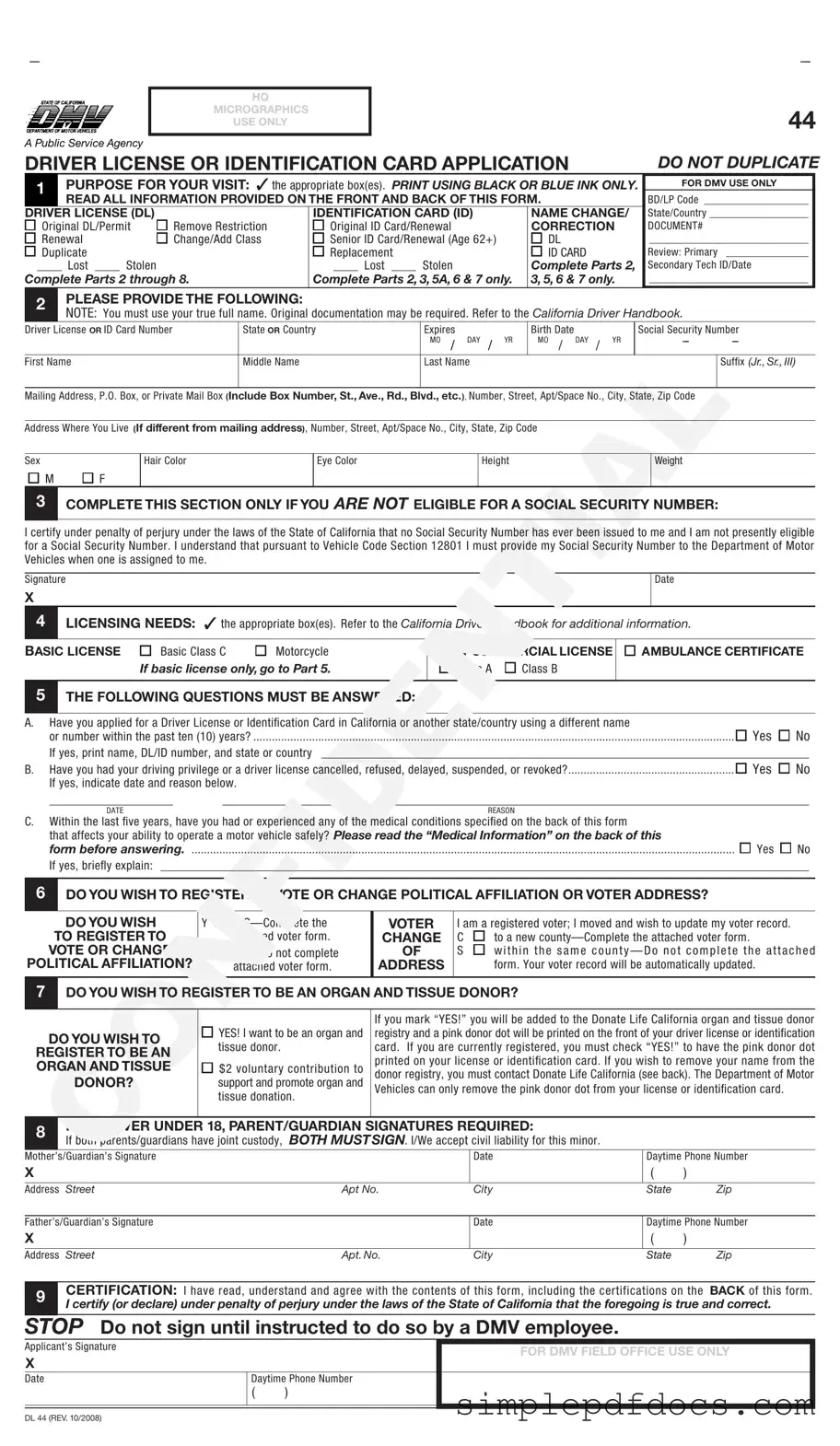 Fill Your Ca Dmv Dl 44 Form