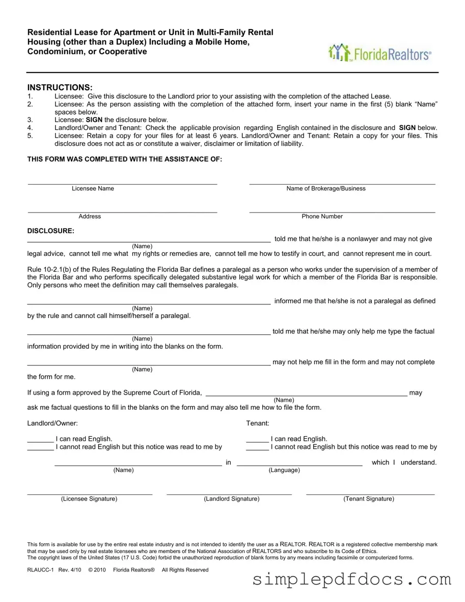 Fill Your Florida Realtors Residential Lease Form