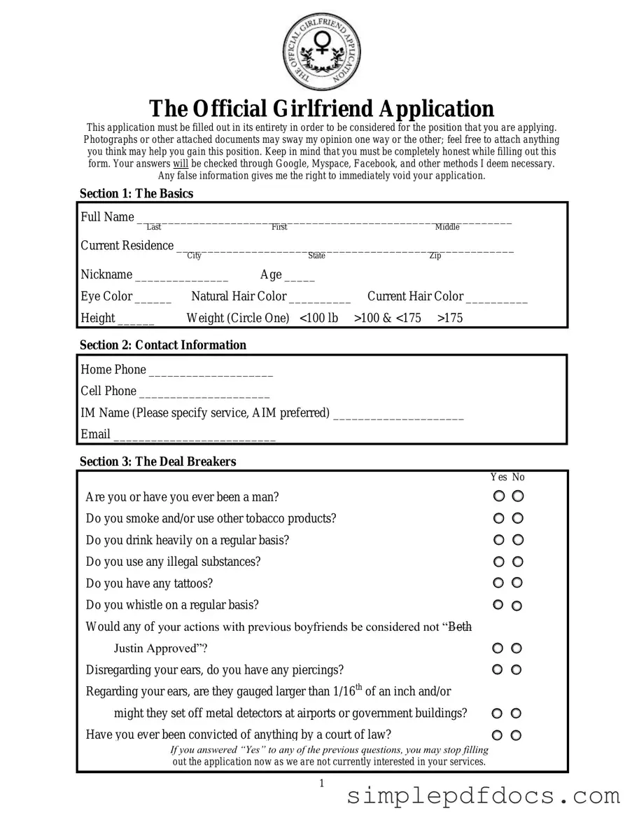 Fill Your Girlfriend Application Form