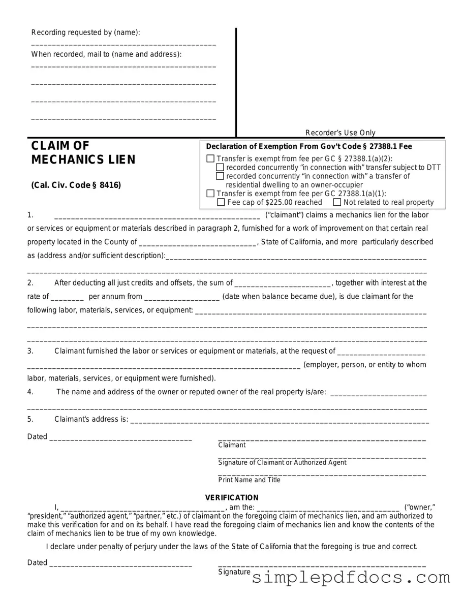 Fill Your Mechanics Lien California Form