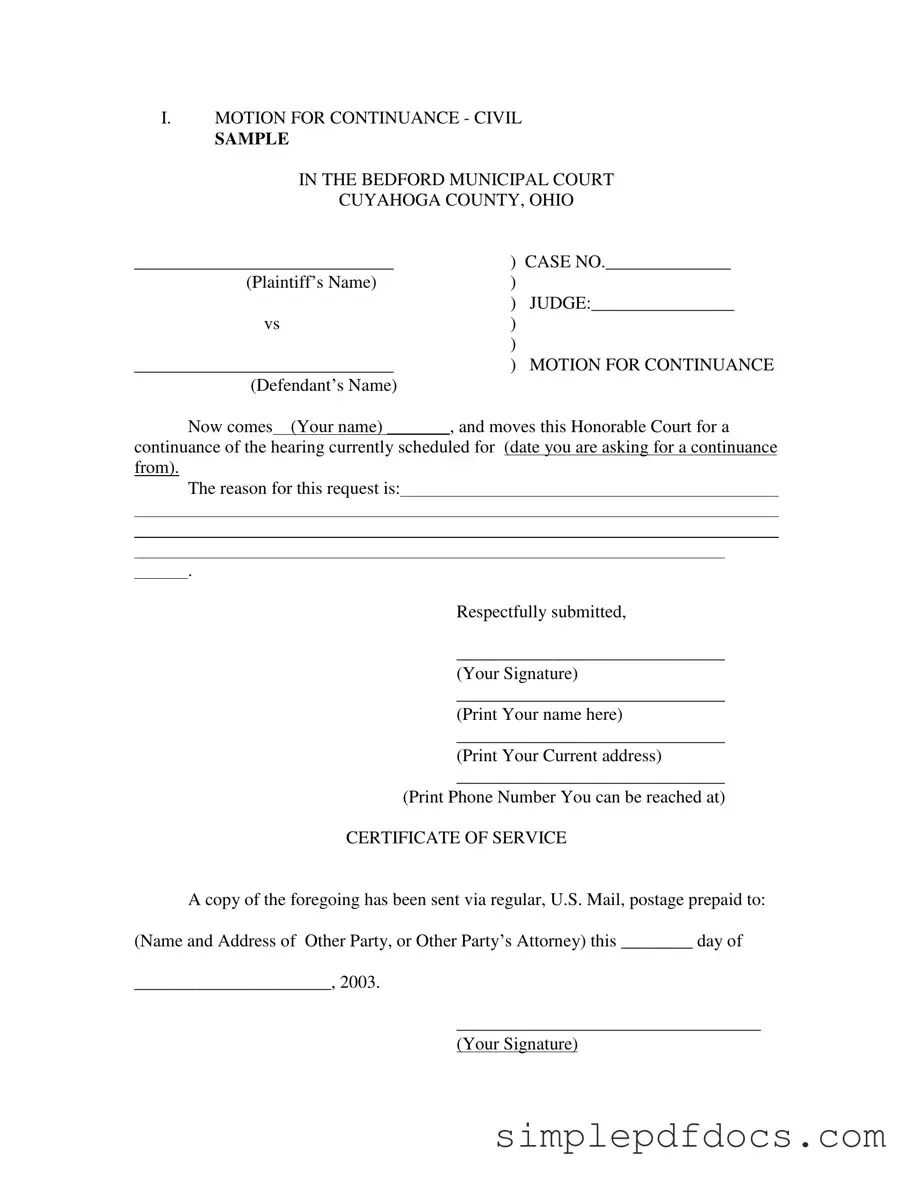 Fill Your Motion For Continuance Form