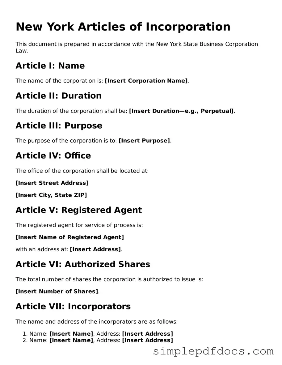 Legal Articles of Incorporation Document for the State of New York