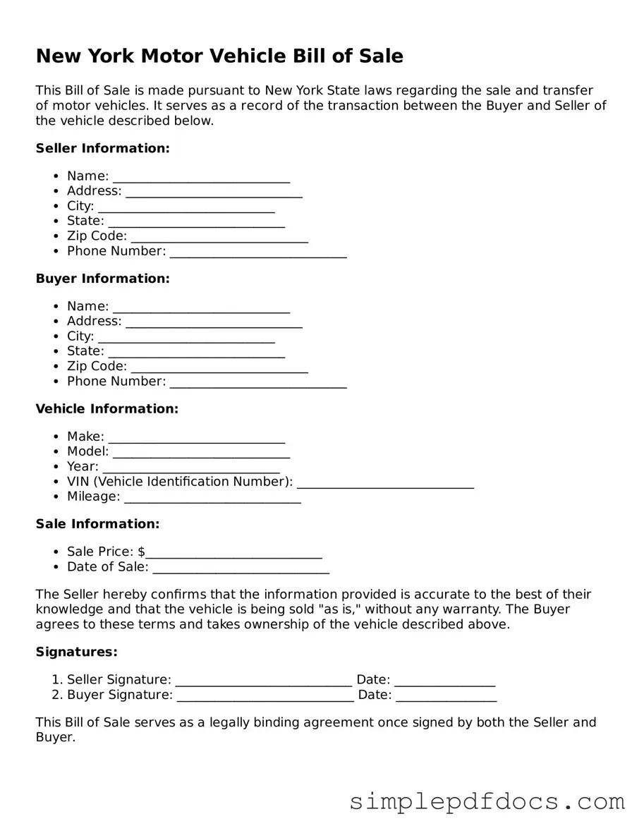 Legal Motor Vehicle Bill of Sale Document for the State of New York