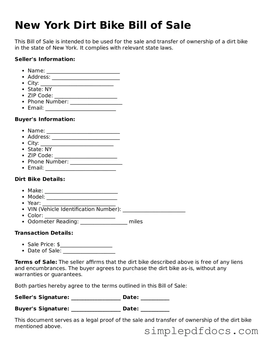 Legal Dirt Bike Bill of Sale Document for the State of New York
