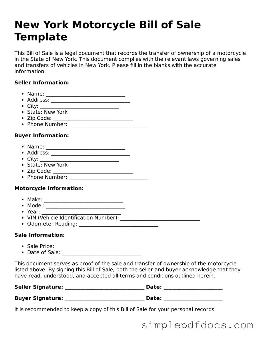 Legal Motorcycle Bill of Sale Document for the State of New York