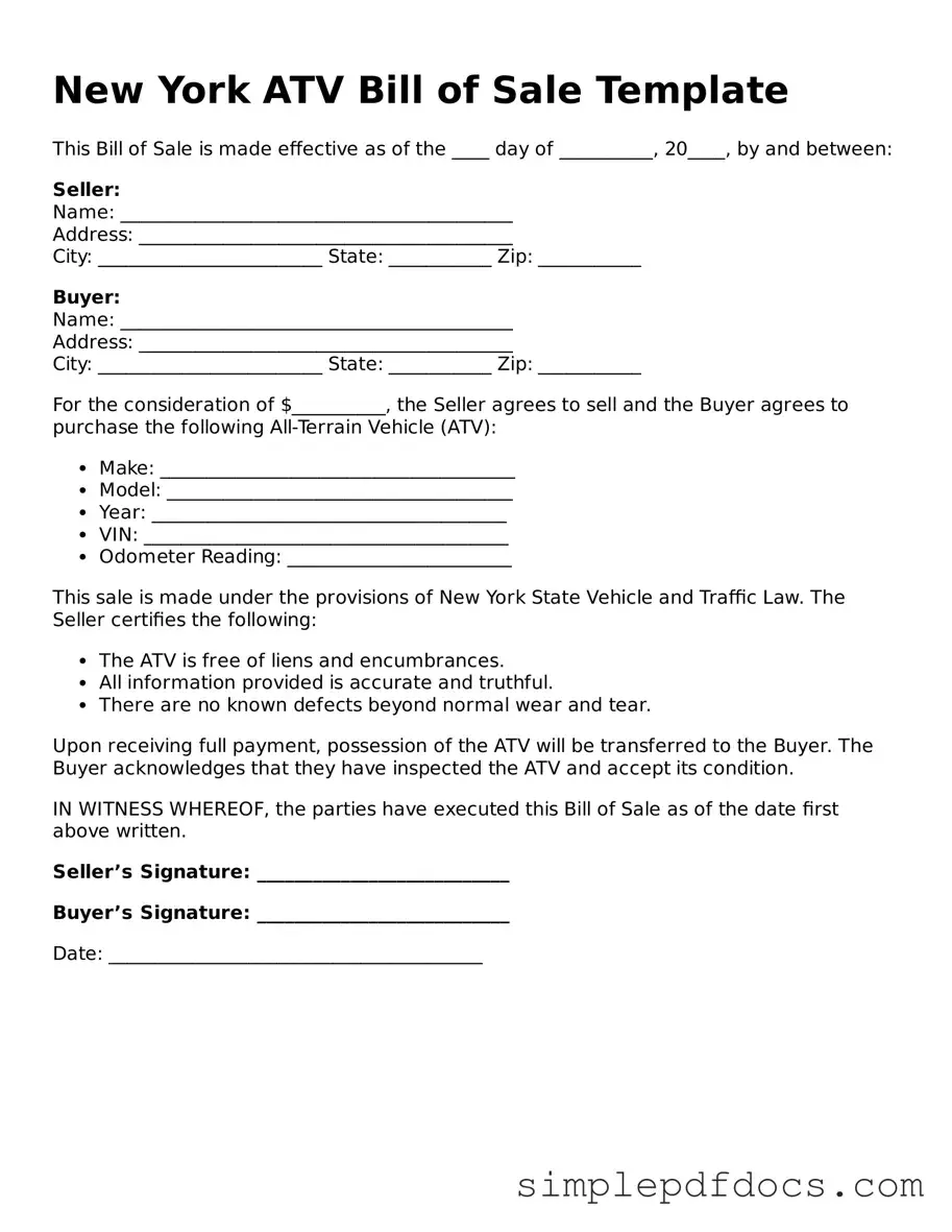 Legal ATV Bill of Sale Document for the State of New York