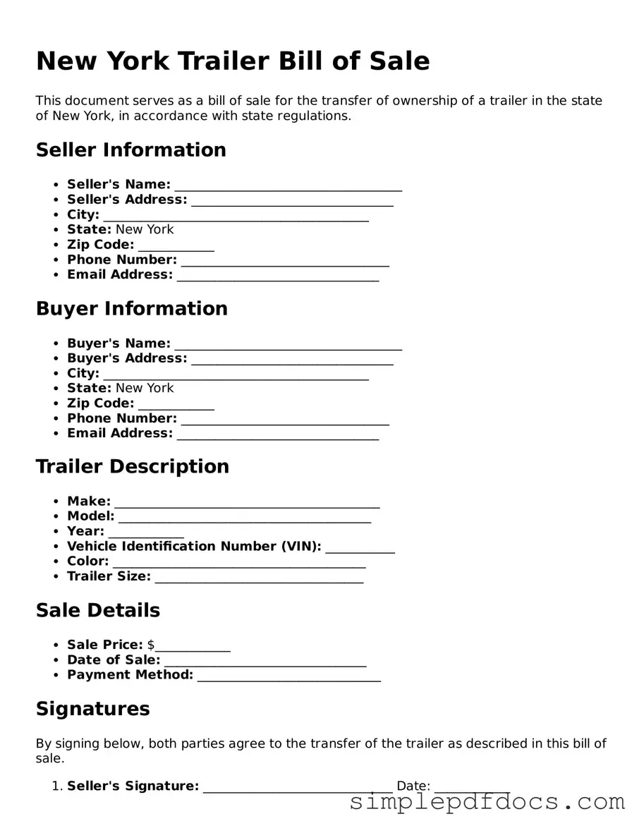 Legal Trailer Bill of Sale Document for the State of New York