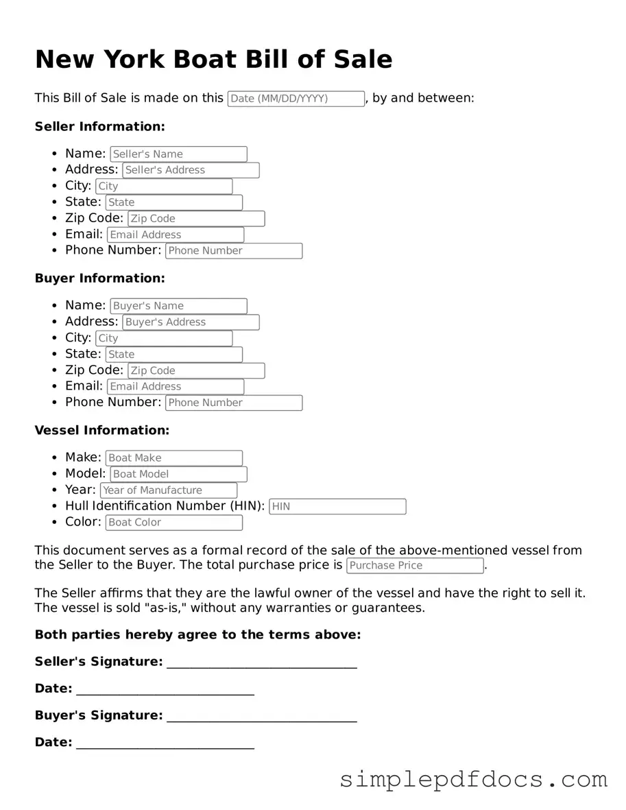 Legal Boat Bill of Sale Document for the State of New York