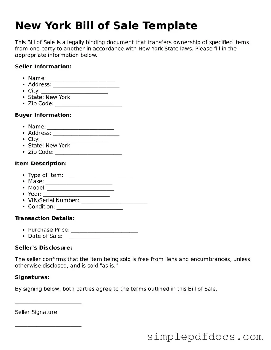 Legal Bill of Sale Document for the State of New York