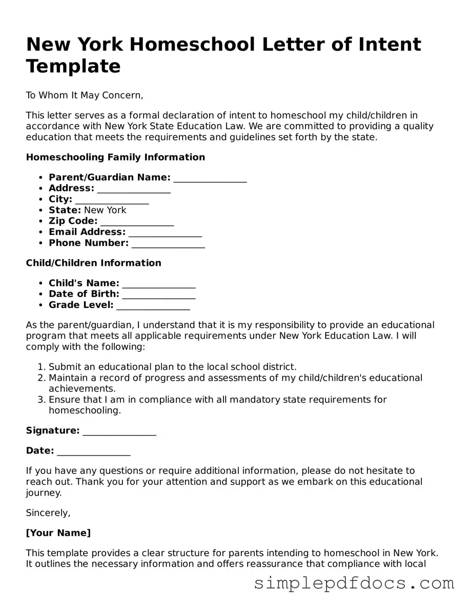 Legal Homeschool Letter of Intent Document for the State of New York