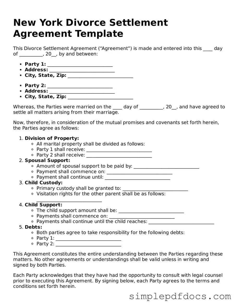 Legal Divorce Settlement Agreement Document for the State of New York