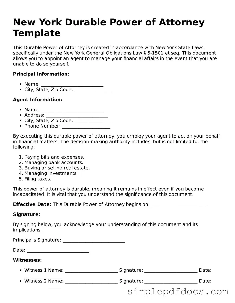 Legal Durable Power of Attorney Document for the State of New York