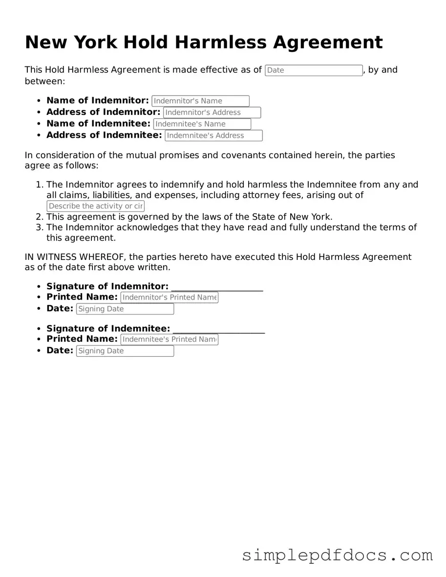 Legal Hold Harmless Agreement Document for the State of New York