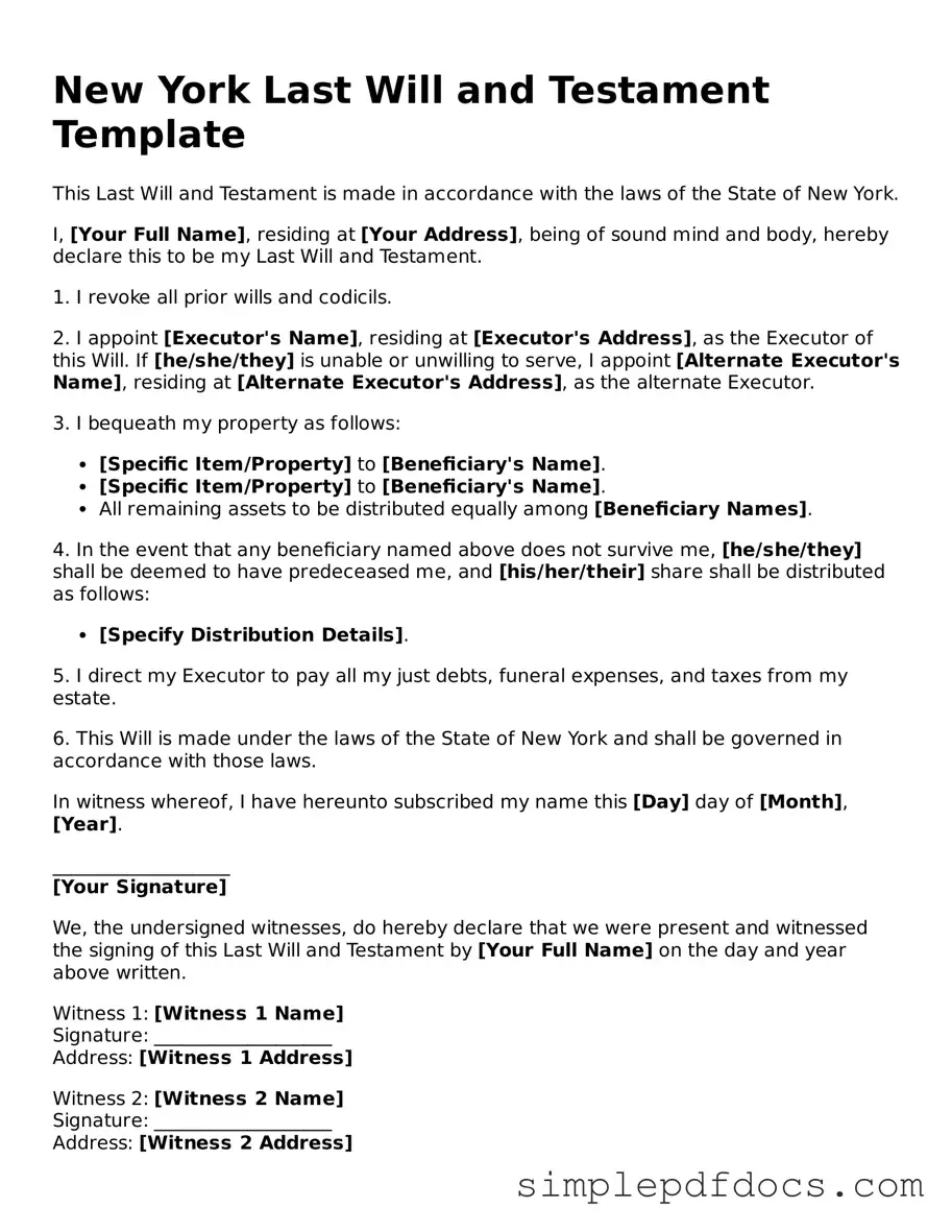 Legal Last Will and Testament Document for the State of New York
