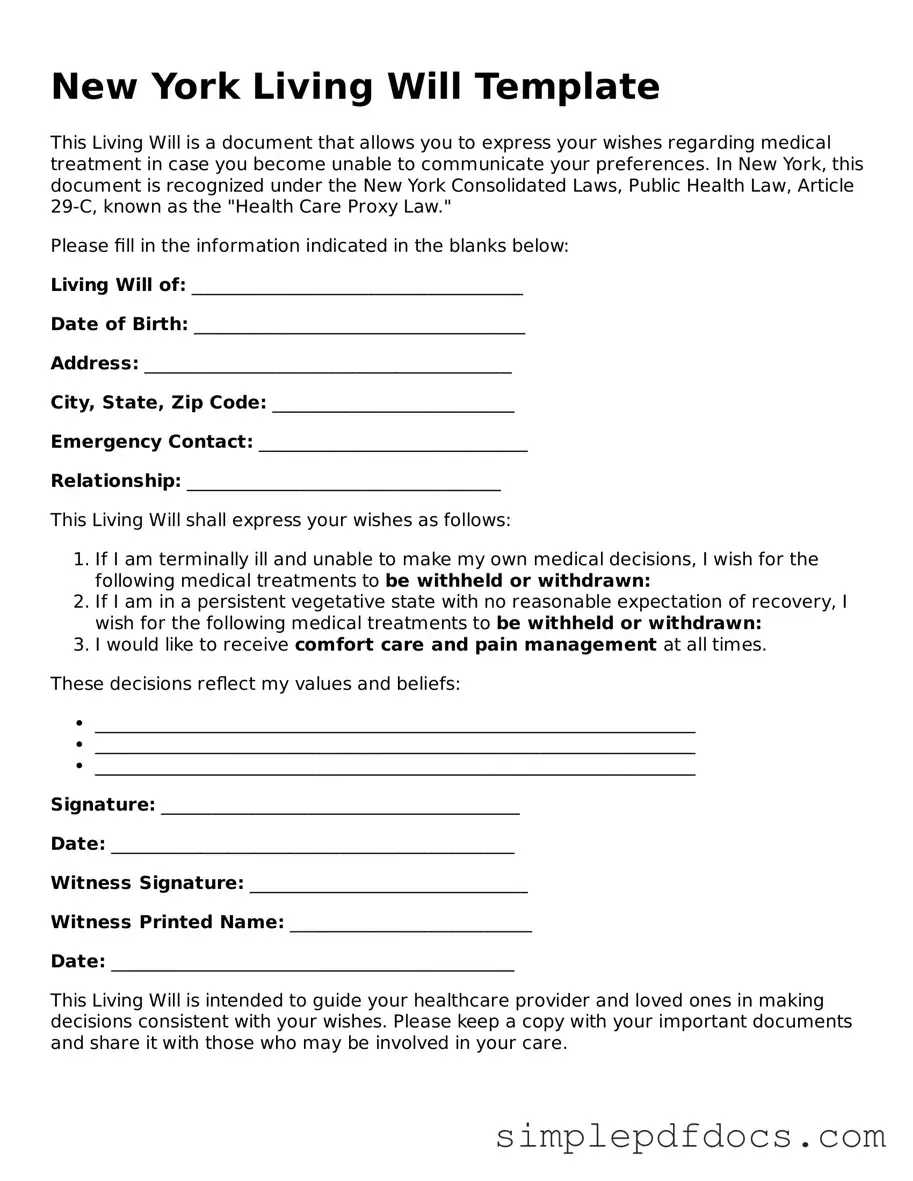 Legal Living Will Document for the State of New York