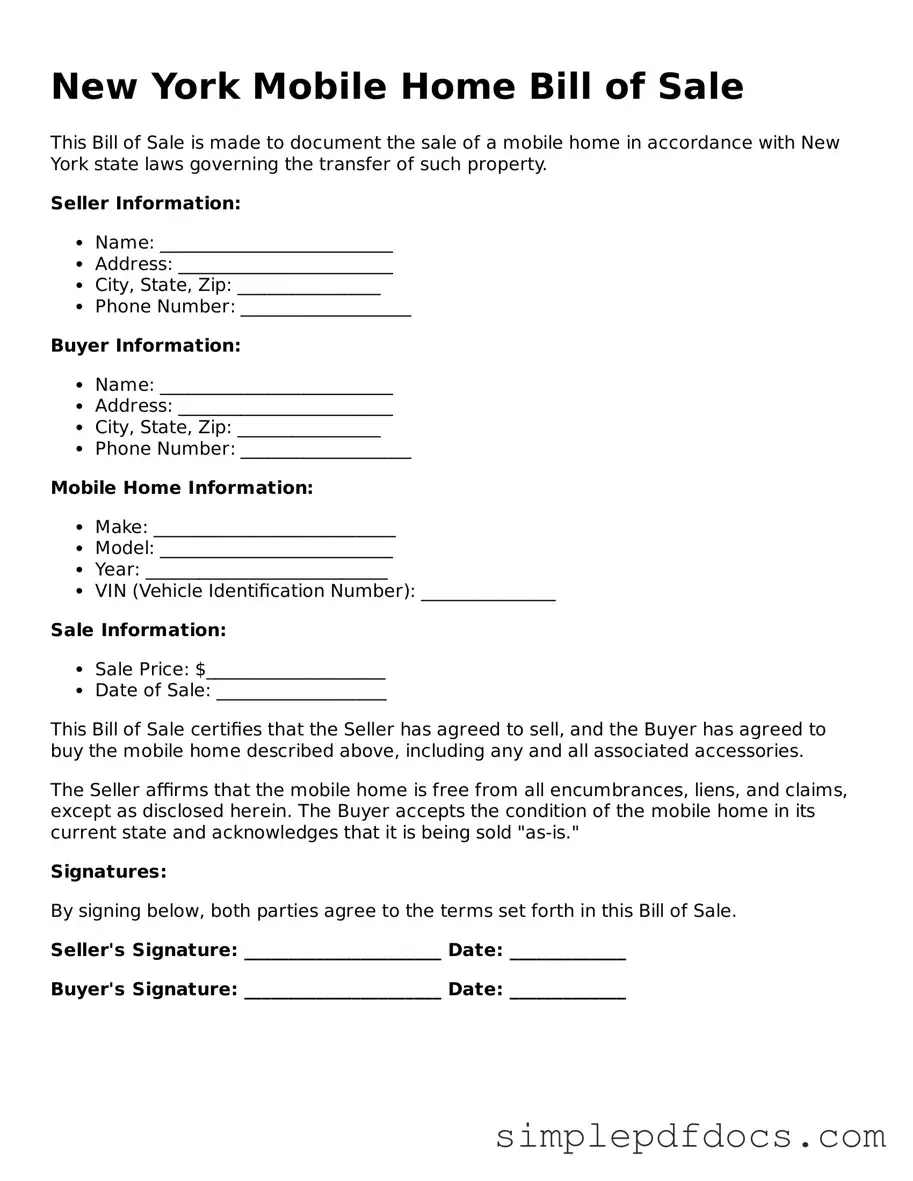 Legal Mobile Home Bill of Sale Document for the State of New York