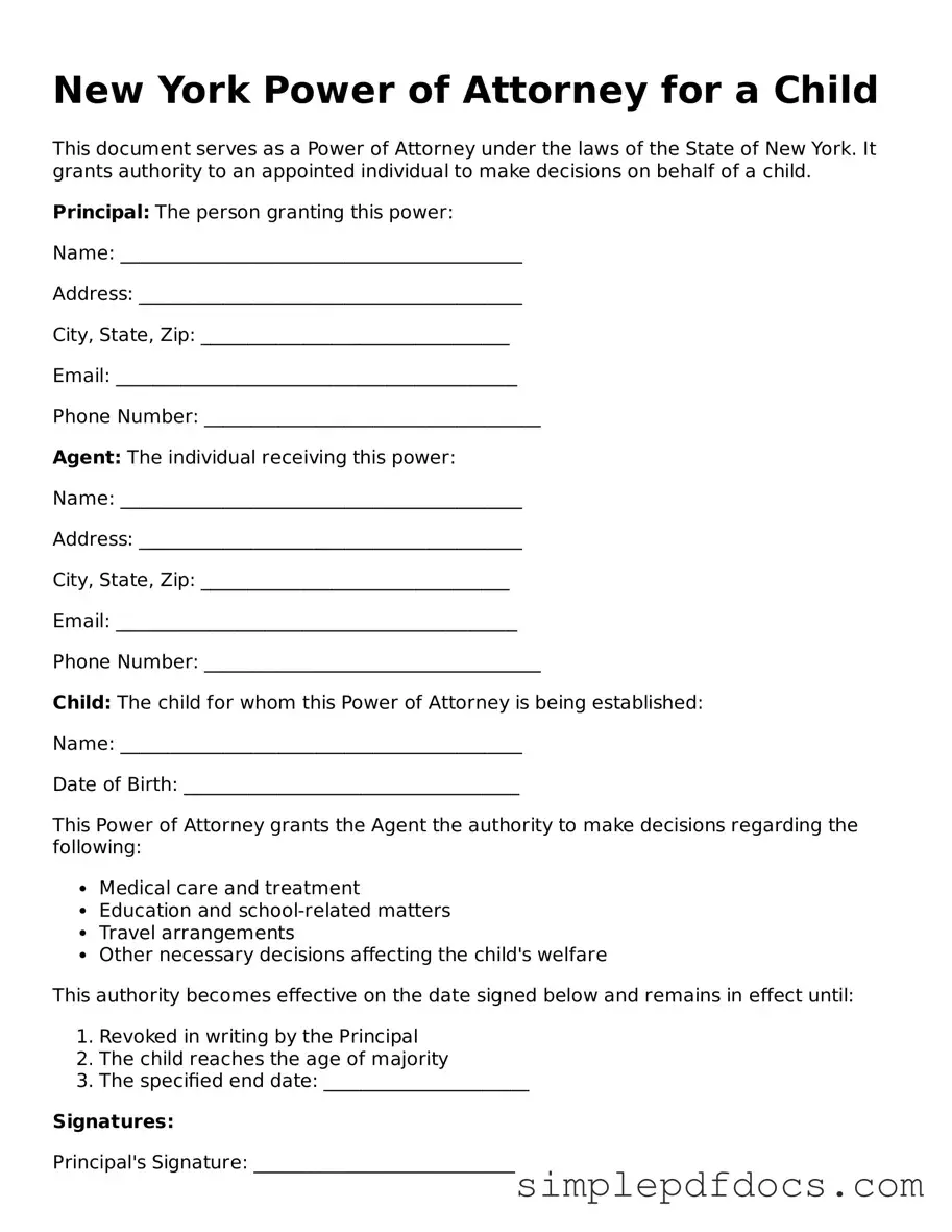 Legal Power of Attorney for a Child Document for the State of New York