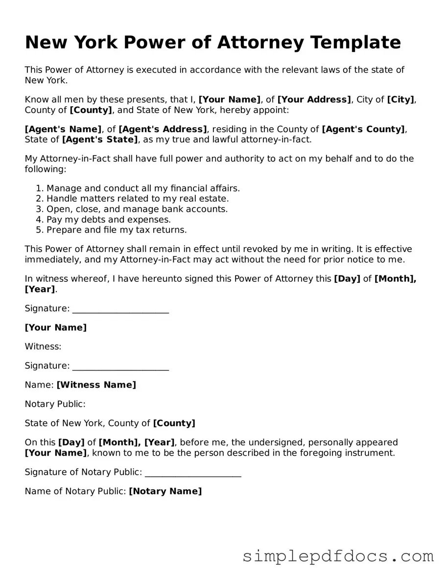 Legal Power of Attorney Document for the State of New York
