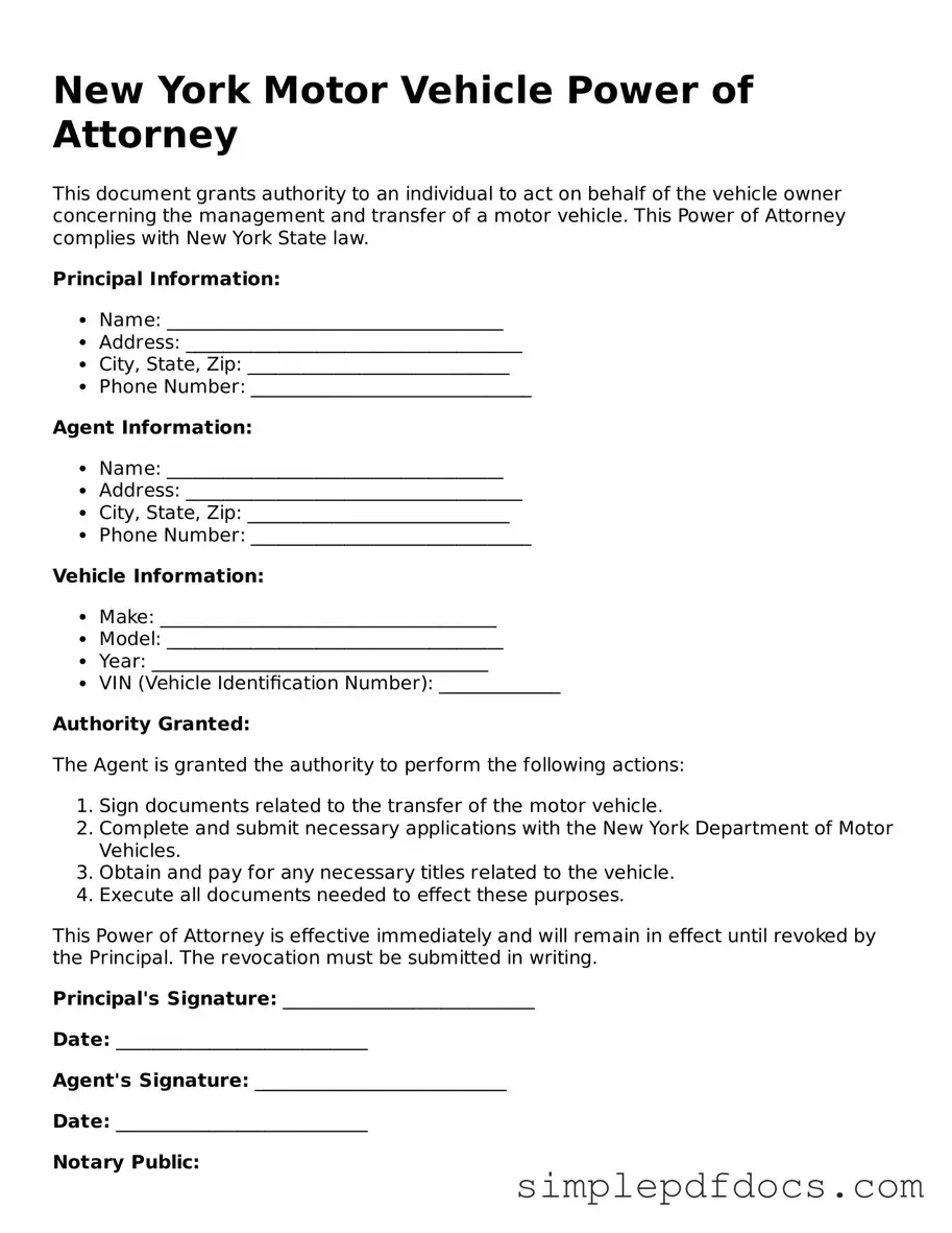 Legal Motor Vehicle Power of Attorney Document for the State of New York