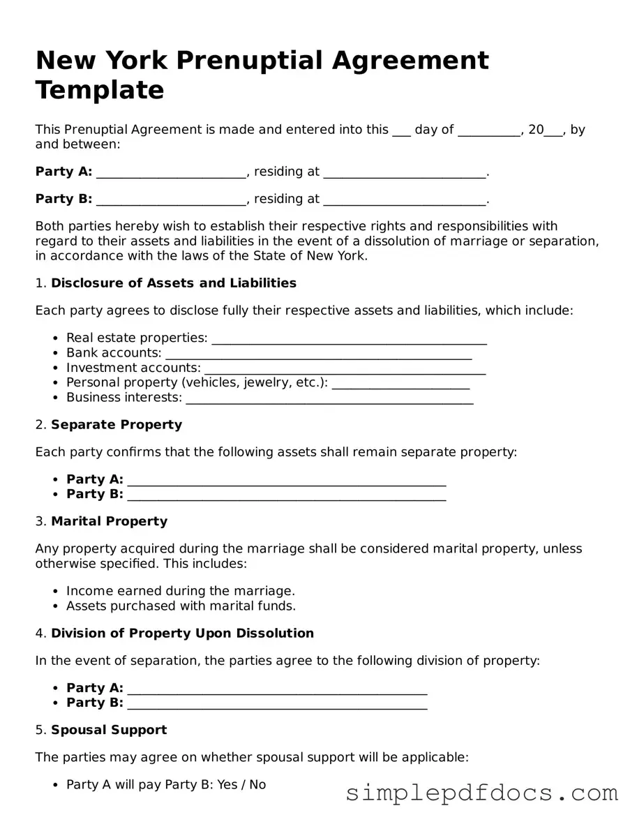 Legal Prenuptial Agreement Document for the State of New York
