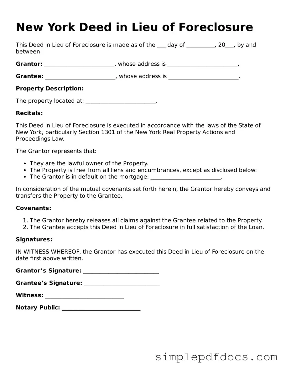 Legal Deed in Lieu of Foreclosure Document for the State of New York