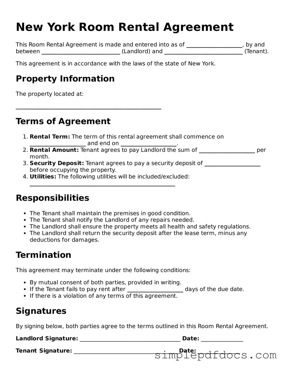 Legal Room Rental Agreement Document for the State of New York