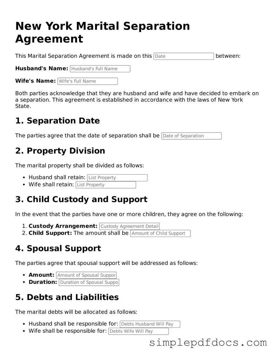 Legal Marital Separation Agreement Document for the State of New York