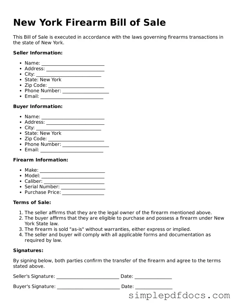 Legal Firearm Bill of Sale Document for the State of New York