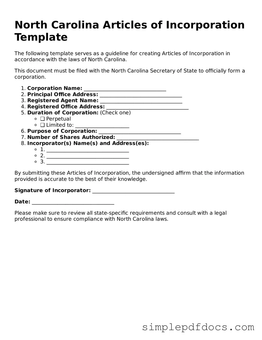 Legal Articles of Incorporation Document for the State of North Carolina