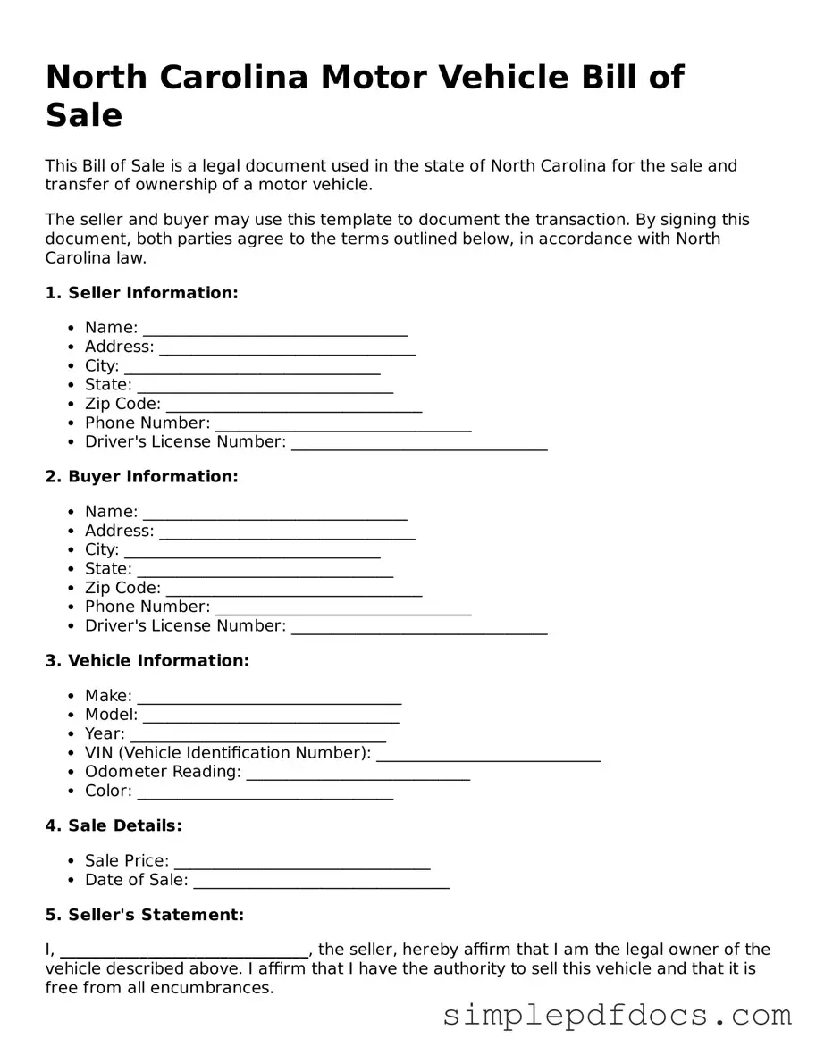 Legal Motor Vehicle Bill of Sale Document for the State of North Carolina