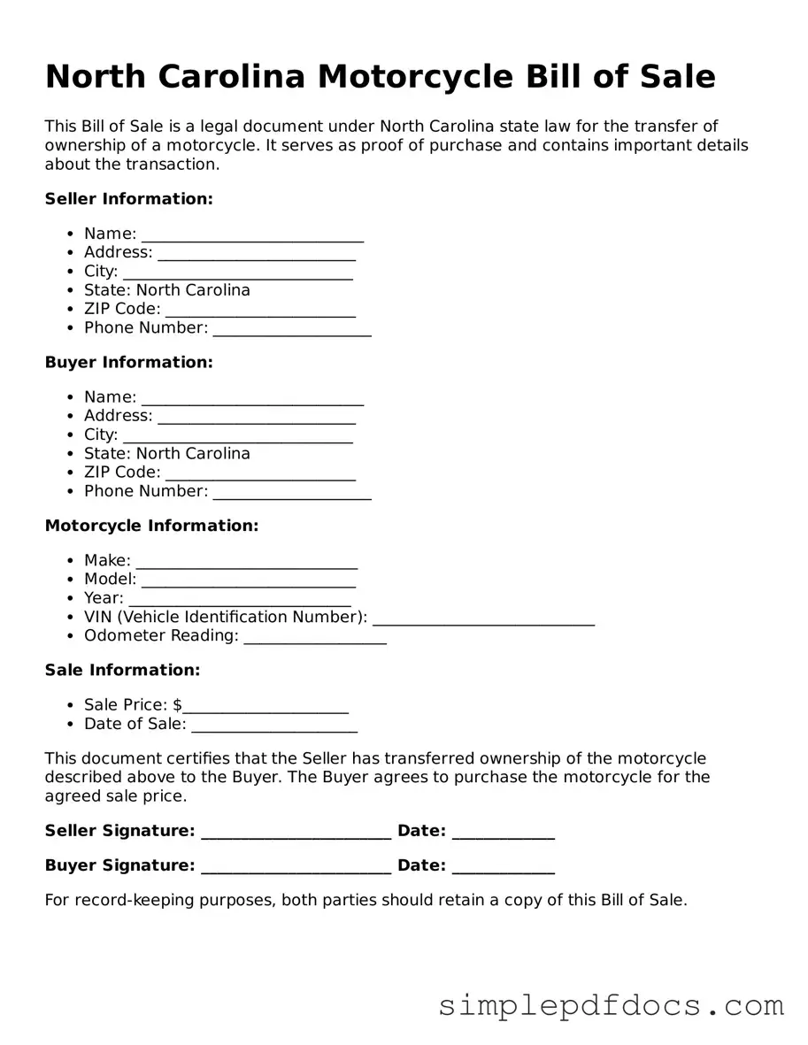 Legal Motorcycle Bill of Sale Document for the State of North Carolina