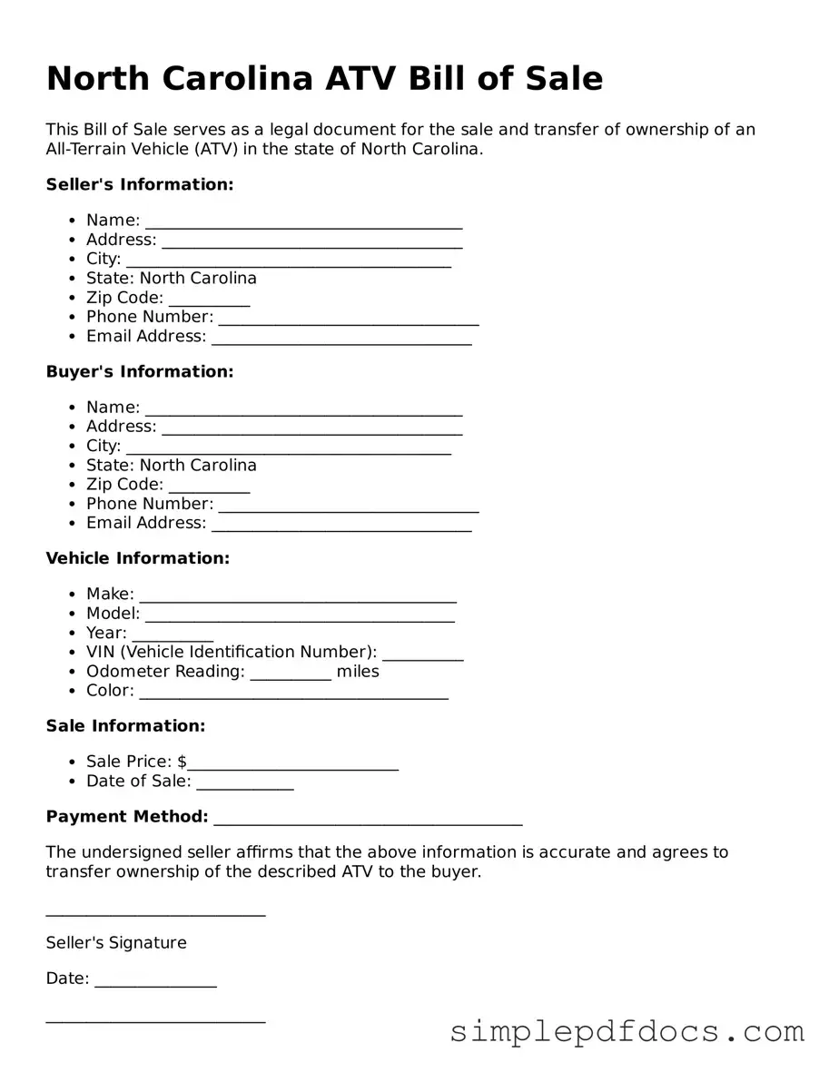 Legal ATV Bill of Sale Document for the State of North Carolina