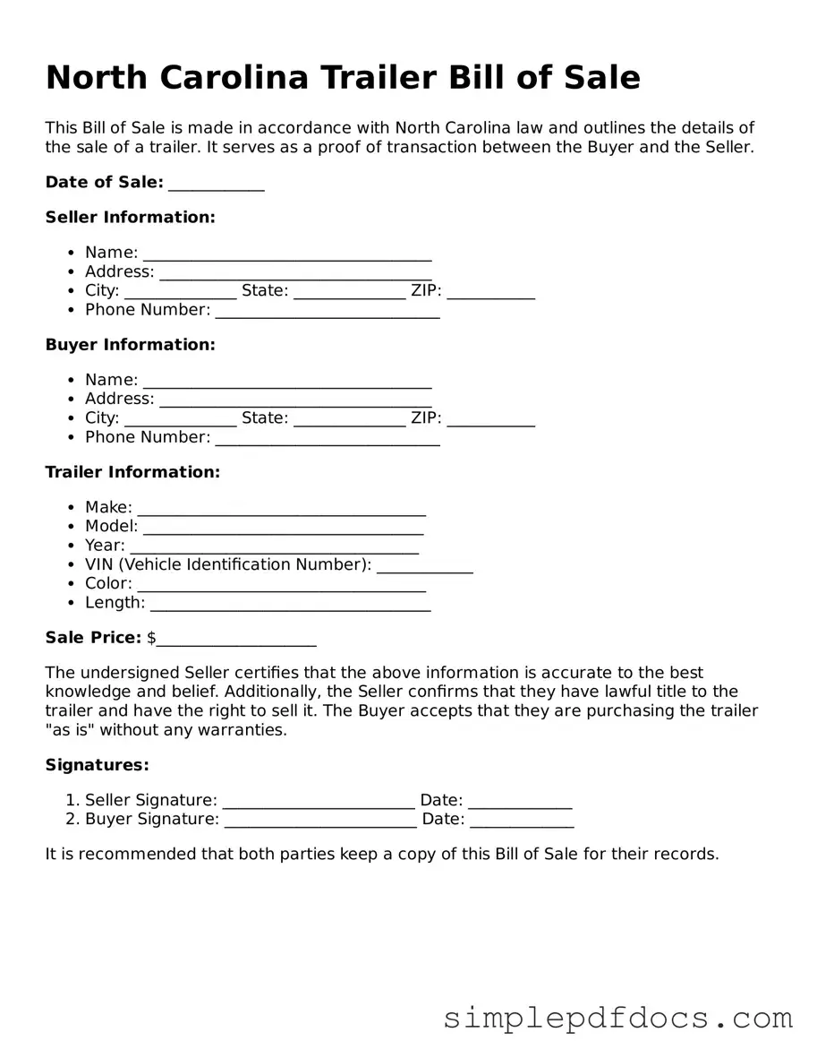 Legal Trailer Bill of Sale Document for the State of North Carolina