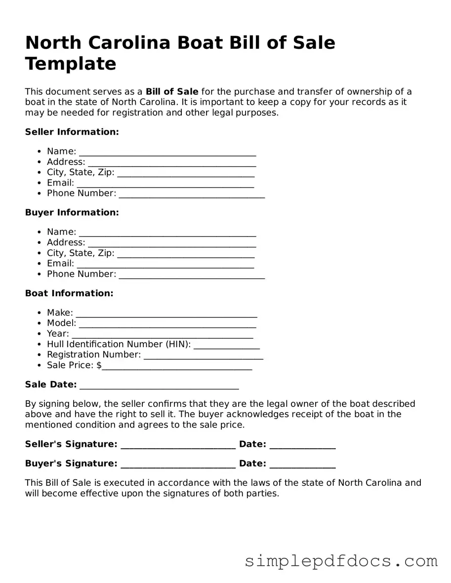 Legal Boat Bill of Sale Document for the State of North Carolina