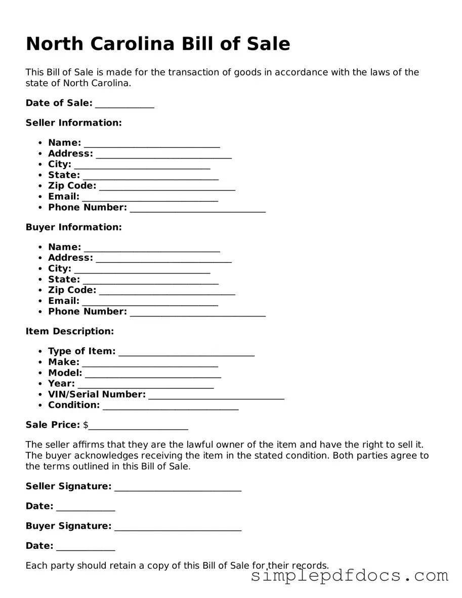 Legal Bill of Sale Document for the State of North Carolina