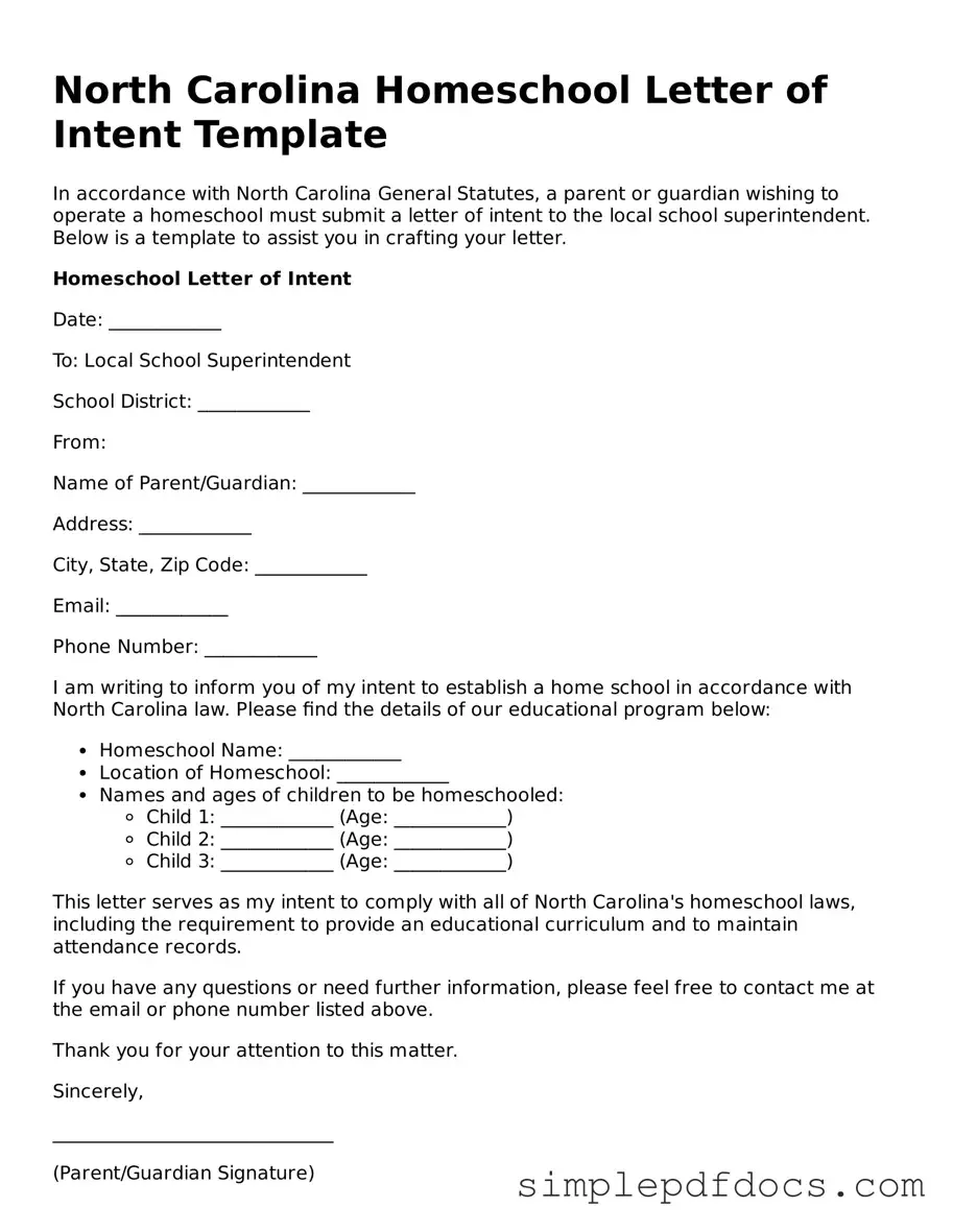 Legal Homeschool Letter of Intent Document for the State of North Carolina
