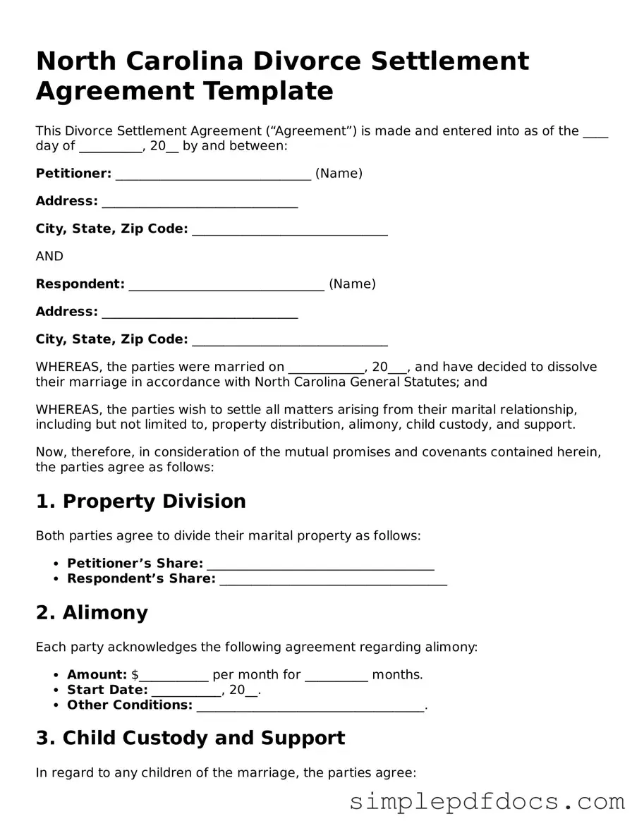 Legal Divorce Settlement Agreement Document for the State of North Carolina