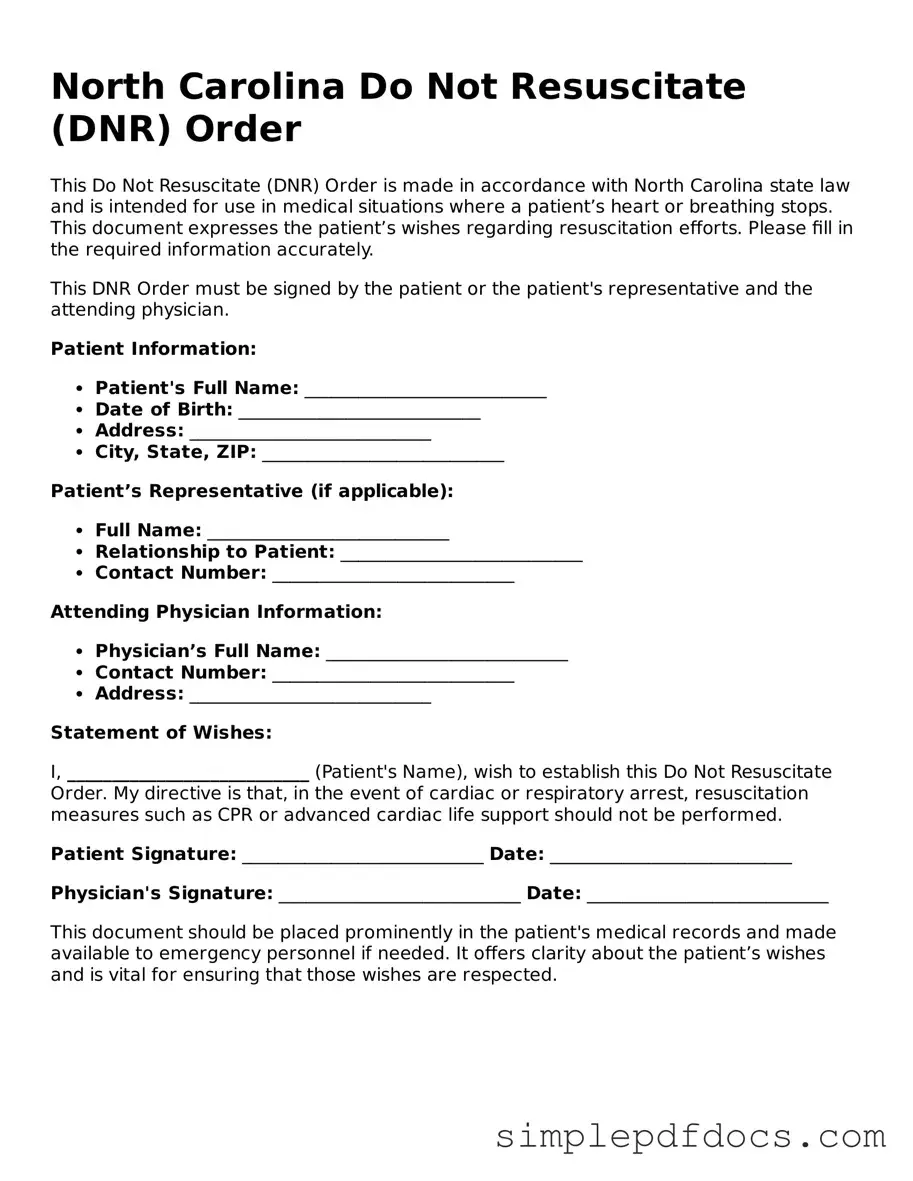 Legal Do Not Resuscitate Order Document for the State of North Carolina