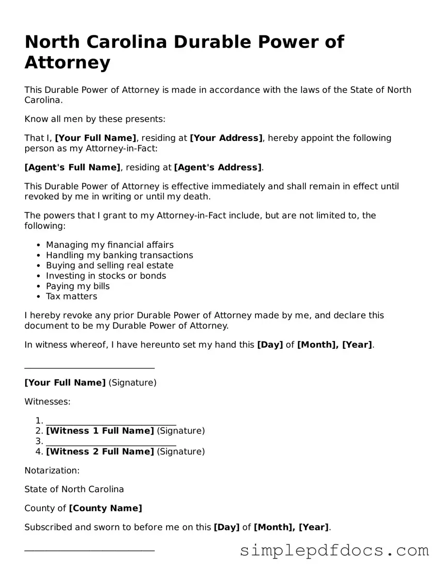 Legal Durable Power of Attorney Document for the State of North Carolina
