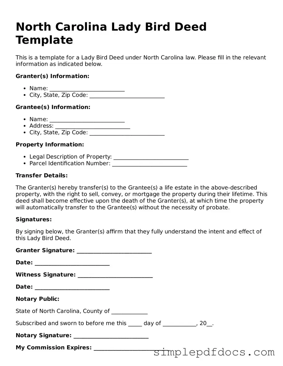 Legal Lady Bird Deed Document for the State of North Carolina