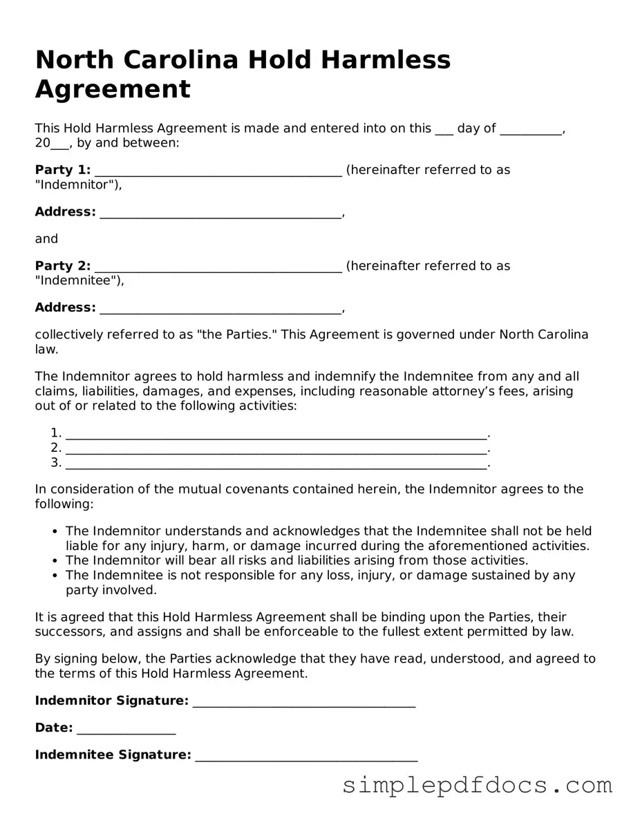 Legal Hold Harmless Agreement Document for the State of North Carolina