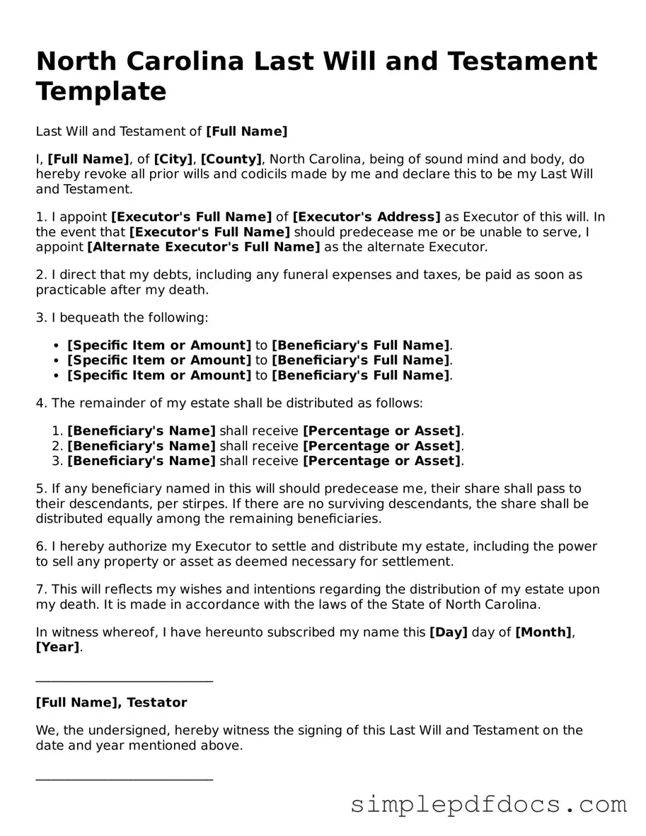 Legal Last Will and Testament Document for the State of North Carolina