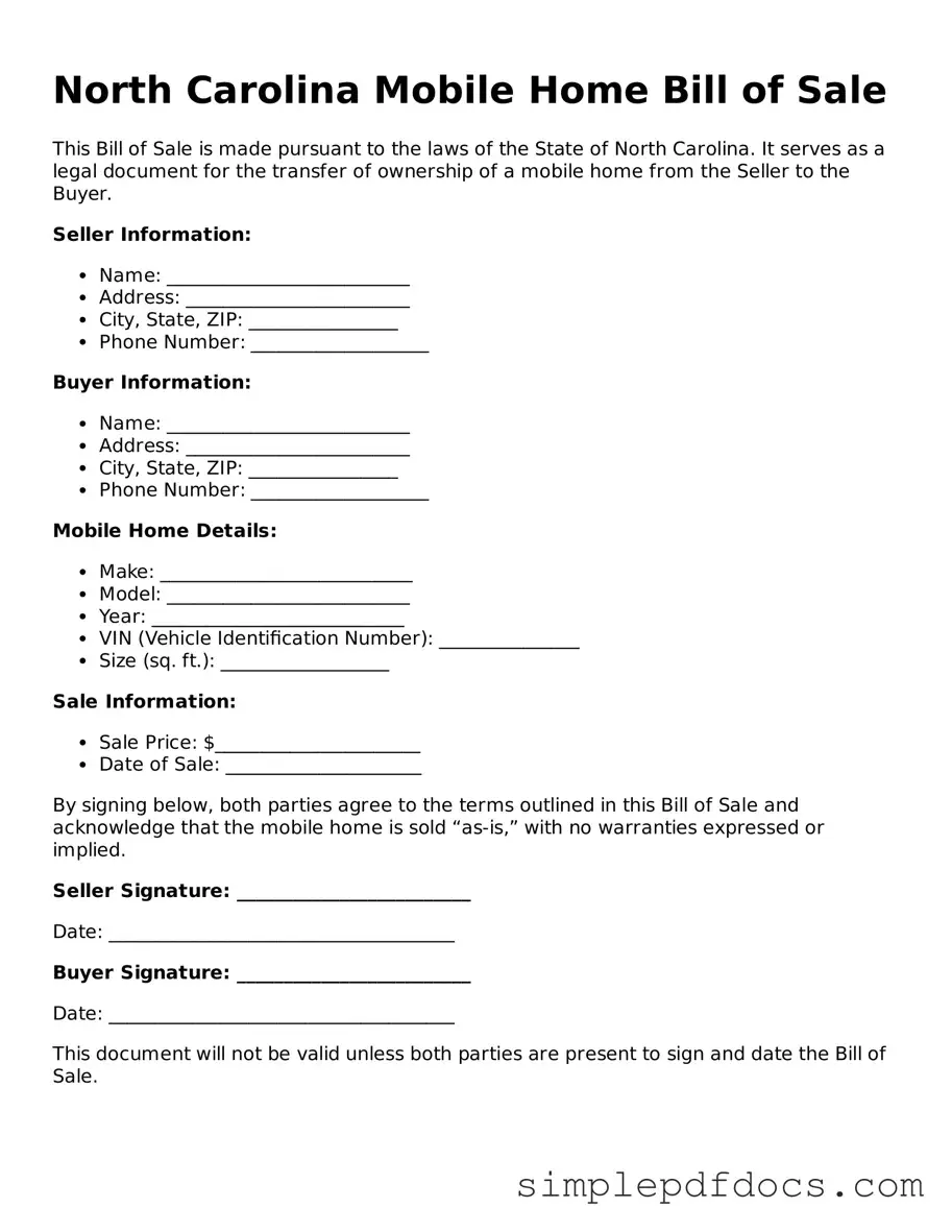 Legal Mobile Home Bill of Sale Document for the State of North Carolina