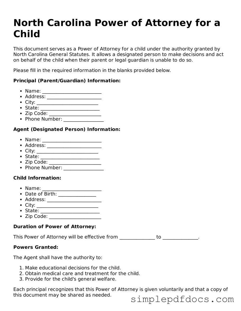 Legal Power of Attorney for a Child Document for the State of North Carolina